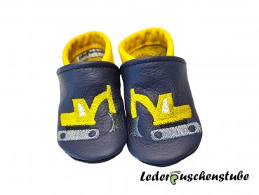 Lederpuschen anthrazit-gelb mit Stickerei Bagger gelb